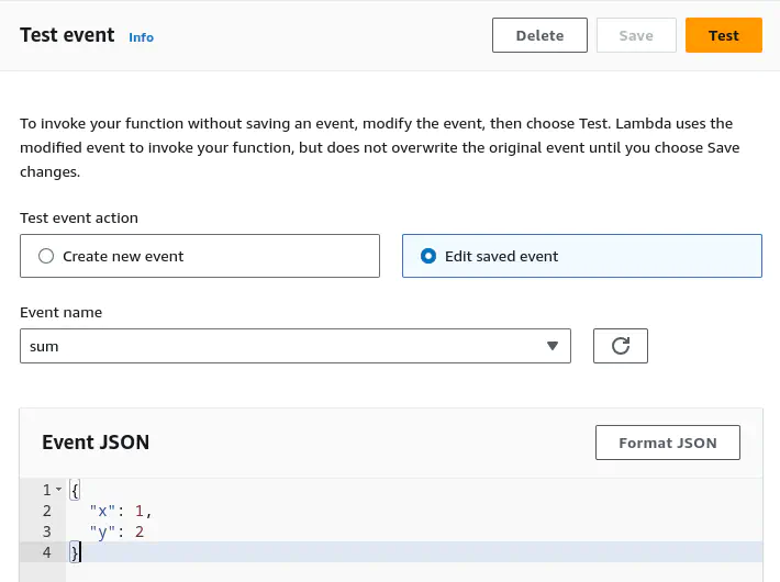 Screenshot of the AWS Lambda console showing a a test payload to request the sum of the integers 1 and 2.