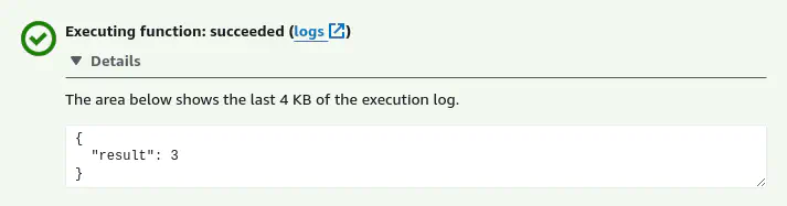 Screenshot of the AWS Lambda console showing a function's result is the integer value 3.