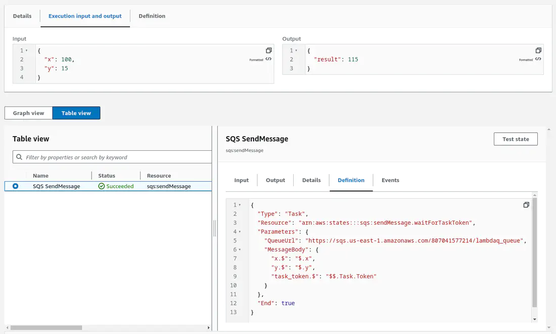 A screenshot of the AWS Step Functions console showing the numbers 100 and 15 being summed.