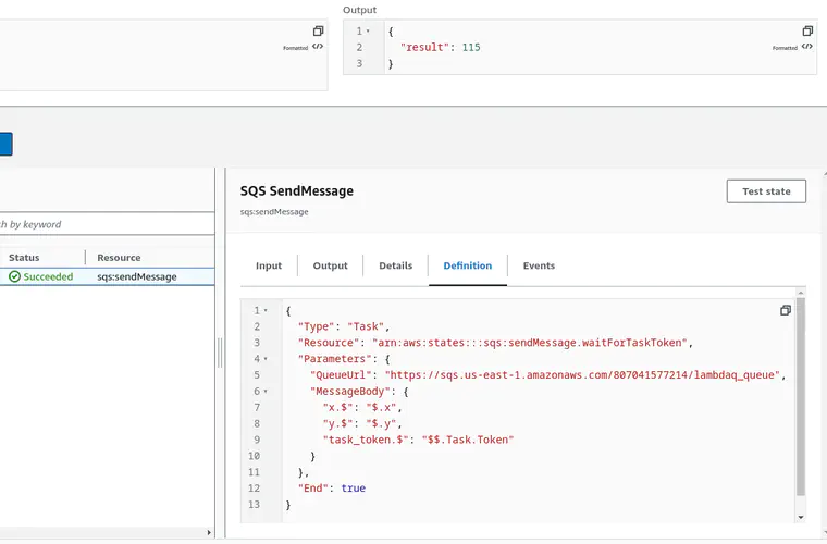 A screenshot of the AWS Step Functions console showing the numbers 100 and 15 being summed.