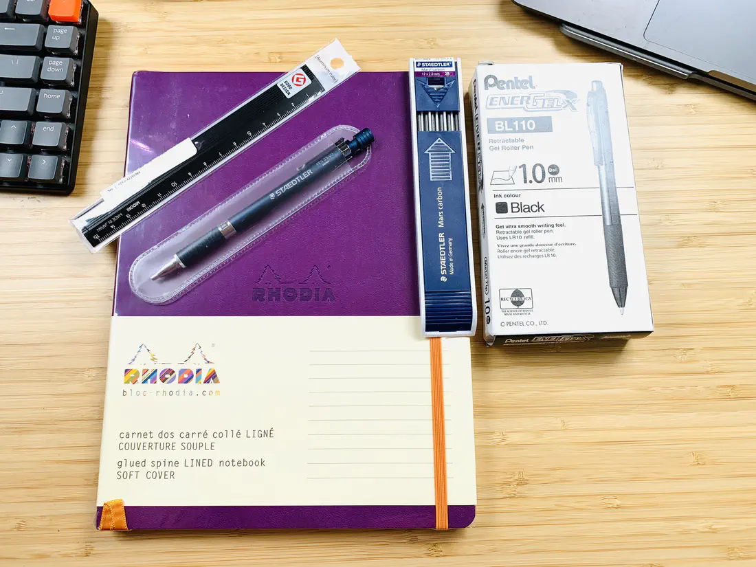 A purple soft cover Rhodia notebook, Midori 15 cm aluminium rule, Staedtler Night Blue 2 mm lead holder, 2 mm Staedtler Mars carbon leads and box of Pentel 1 mm EnerGel X pens.