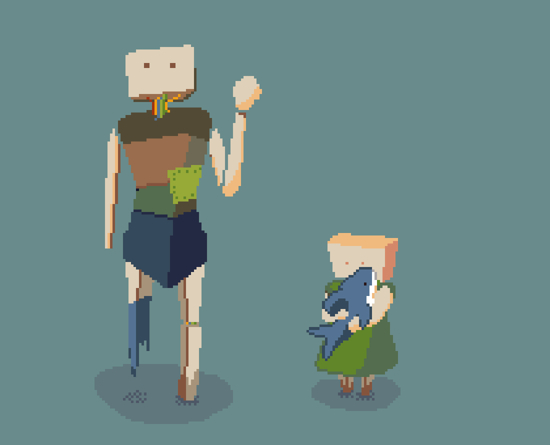 A pixel-art image of two humanoid robots. One appears to be an adult wearing ragged clothes, has lost a leg, and is waving at the viewer. The other appears to be a child who is looking away and anxiously holding a plush shark toy.