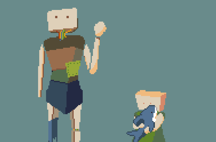 A pixel-art image of two humanoid robots. One appears to be an adult wearing ragged clothes, has lost a leg, and is waving at the viewer. The other appears to be a child who is looking away and anxiously holding a plush shark toy.